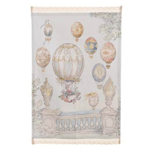 Paño de cocina decorativo Blanc MariClo 50x70 cm de algodón, con estampado de globos y conejitos, bordes ribeteados con encaje.