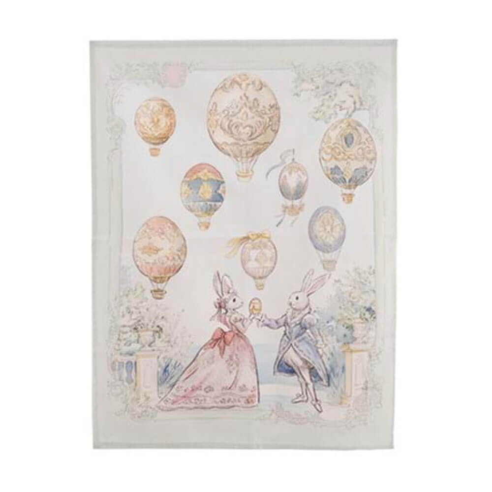 Toile décorative en coton avec des lapins habillés dans un style rococo et des ballons dans des tons pastel sur un fond blanc.