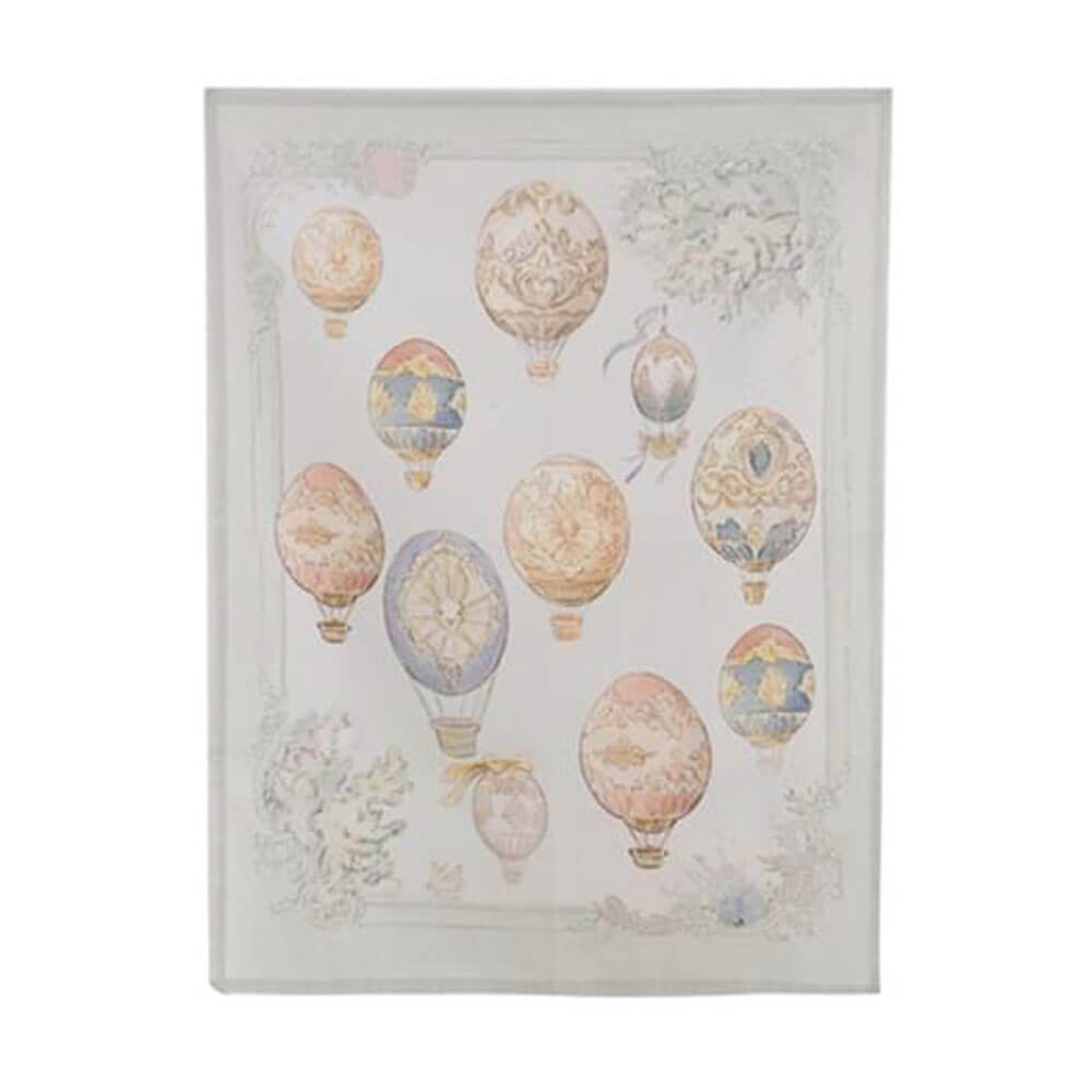 Torchon en coton avec impression de ballons vintage dans des tons pastel, décoration florale et bordure rococo.