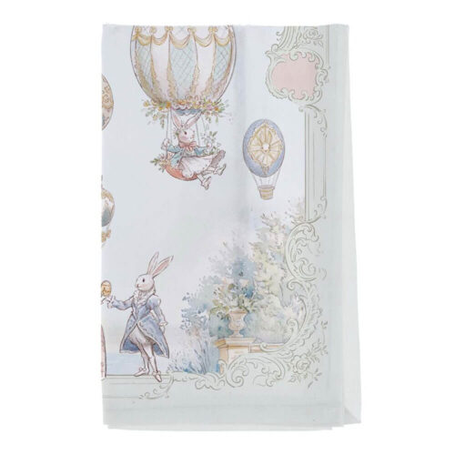 Tovagliolo in cotone con illustrazioni di coniglietti in abiti d’epoca e mongolfiere dai colori pastello, cornice Rococò.