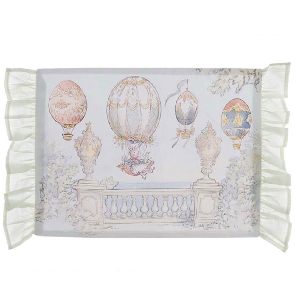 Set de table en coton ciré Blanc MariClò avec imprimé ballon et lapin, gala de tulle sur les côtés, style Rococo.