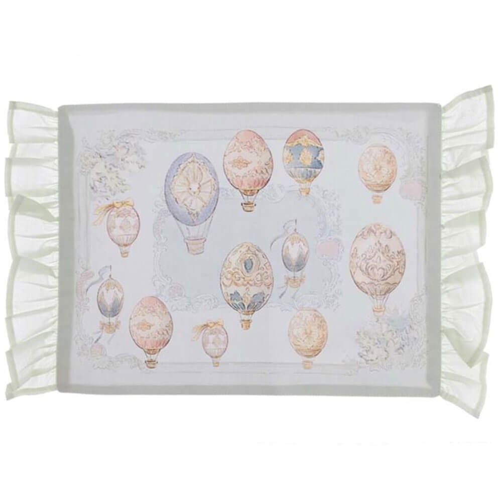 Set de table en coton ciré Blanc MariClò avec impression de ballons vintage, cadre décoratif et gala de tulle sur les côtés.
