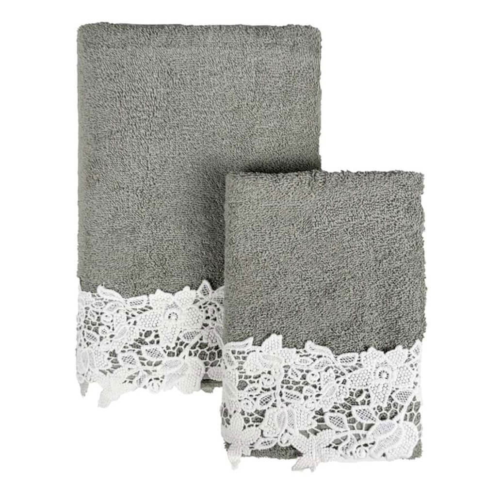 Blanc MariClò Merletto Green Towel Set 1 Paire de serviettes vert foncé avec dentelle florale blanche, accrochées au rebord de la baignoire dans un style classique avec des ferrures dorées.