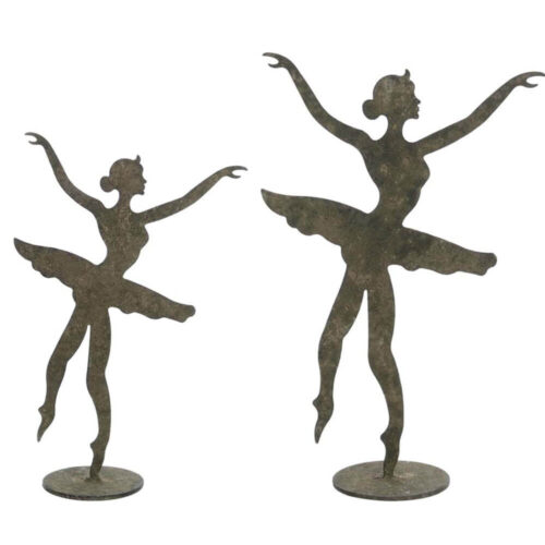 Conjunto decorativo de metal con dos bailarinas estilizadas en pose clásica, acabado efecto envejecido.