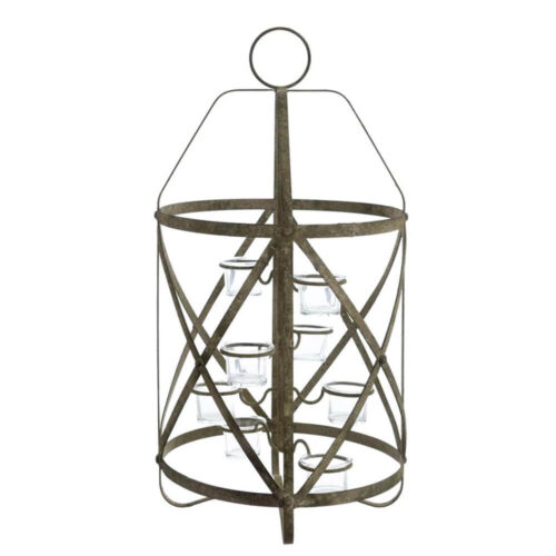 Lanterna decorativa in metallo con struttura geometrica traforata e porta tealight in vetro, stile shabby chic.