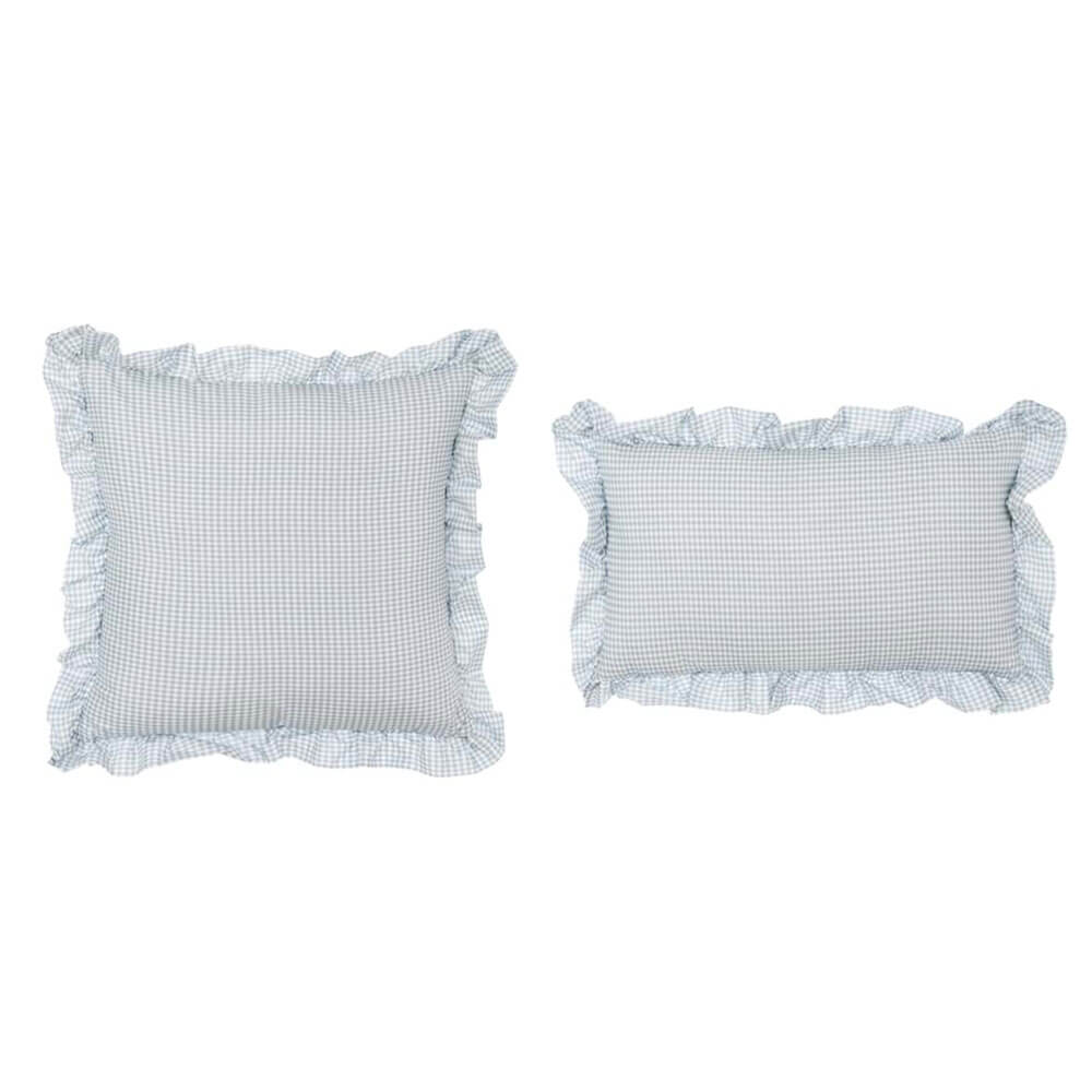 Blanc MariClo Set of 2 Green Dream Pillows Vichy Gala 1 Lot de deux coussins à motif vichy vert avec volant froncé, l'un carré et l'autre rectangulaire, style shabby Chic.