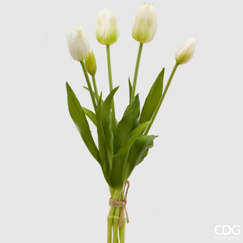 Bouquet di 5 tulipani artificiali bianchi Real Touch con leggere sfumature verdi, foglie e steli verdi legati con spago.