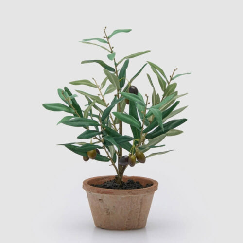 Olivo artificiale con foglie verdi e olive decorative in vaso color terracotta