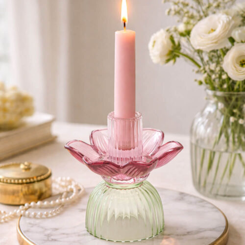Portacandela in vetro a forma di fiore rosa e verde con base scanalata