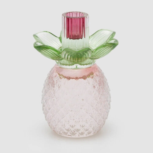 Portacandela in vetro verde e rosa con fiore scolpito, base decorata a rilievo e struttura reversibile.