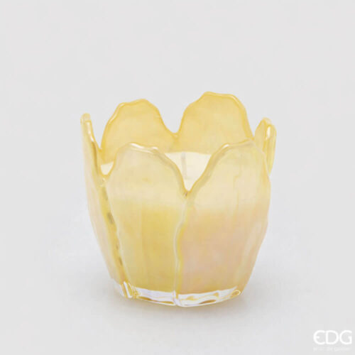 Candela EDG in vetro a forma di fiore giallo ambra iridescente con petali e cera bianca, profumo Amber.