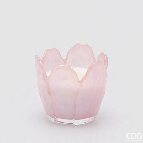 Candela EDG in vetro rosa iridescente a forma di fiore con petali e cera bianca, profumo Rose Water.
