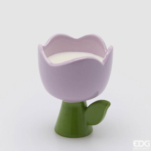 Candela EDG in ceramica a forma di tulipano lilla con base verde e cera bianca, profumazione Princess of the Night.