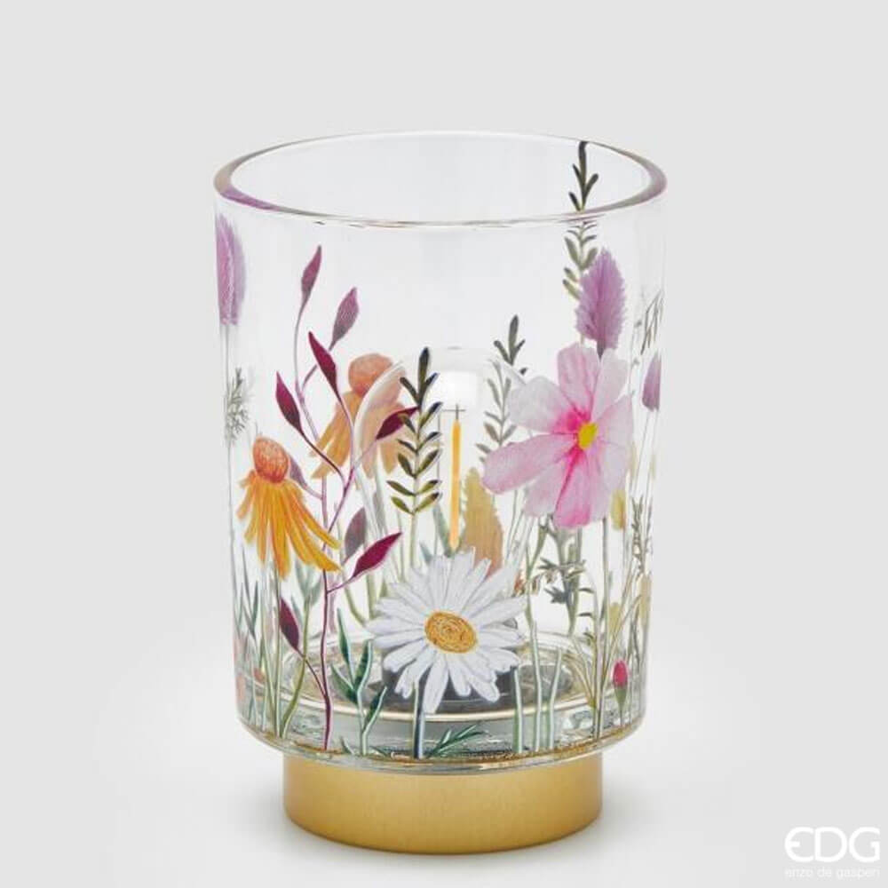 EDG Lampada tavolo Rudbeckia H15 D10 1 Lampada da tavolo in vetro EDG con decoro floreale multicolore e base oro, H 15 cm.