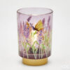 Lampe de table EDG en verre lilas avec décor lavande et papillon, base dorée, H 15 cm.