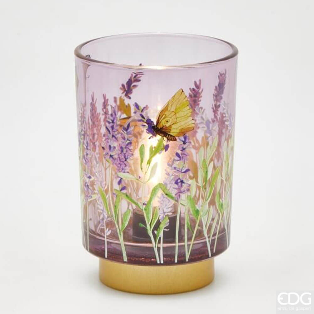 EDG Lampada tavolo Lavanda H15 D10 1 Lampada da tavolo EDG in vetro lilla con decoro lavanda e farfalla, base oro, H 15 cm.