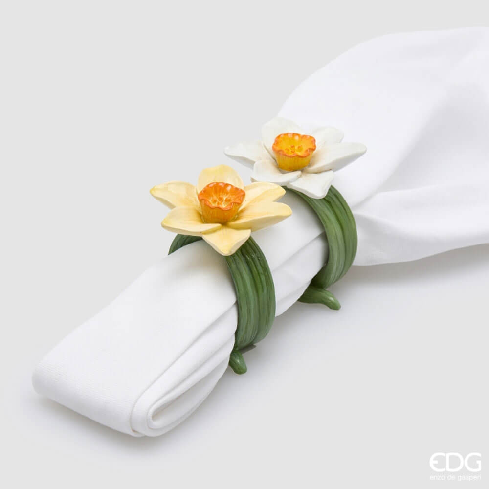 Porte-serviettes EDG en polyrésine avec fleur de jonquille jaune ou blanche et tige verte