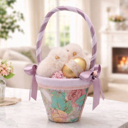 Cesta de Pascua EDG con pollitos esponjosos y huevos decorativos en tono lila