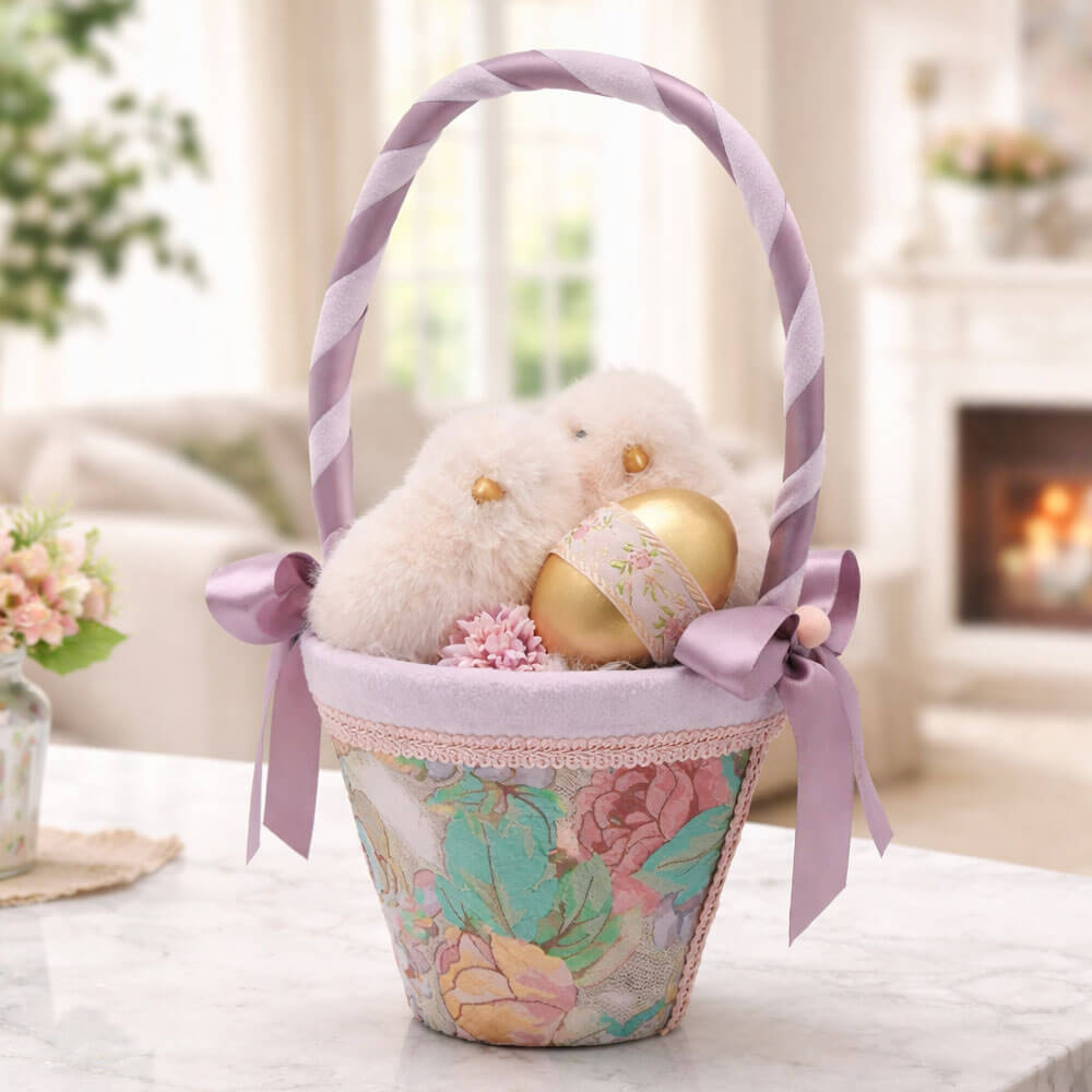 Cesta de Pascua EDG con pollitos esponjosos y huevos decorativos en tono lila