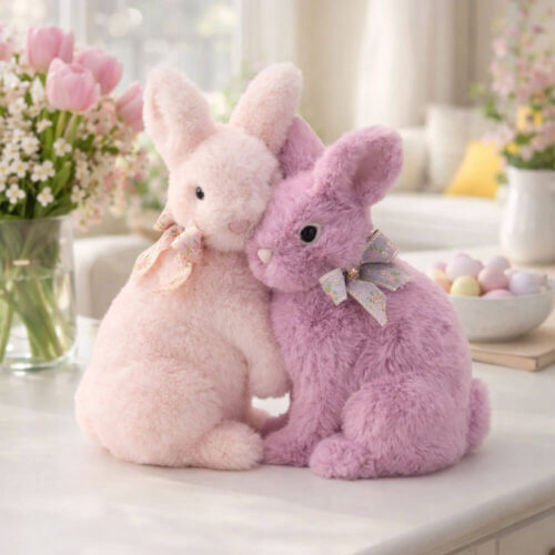 Pareja de conejos decorativos rosas de tela suave con lazos y base verde efecto hierba.