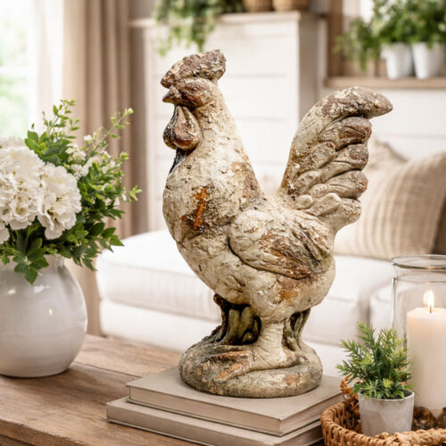 Statua di gallo in resina effetto anticato, decorazione country chic per casa o giardino.