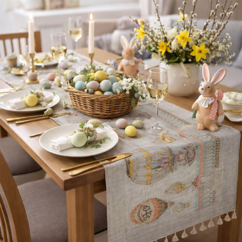 Runner in cotone con disegni di mongolfiere stile Rococo nei toni pastello, rifinito con nappine beige.