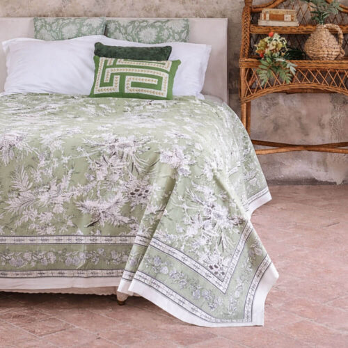 Nappe verte Blanc MariClò avec motif floral et cadre décoratif, en coton.