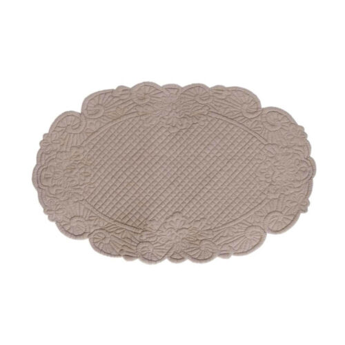 Tovaglietta ovale beige in cotone trapuntato con ricami e bordo sagomato
