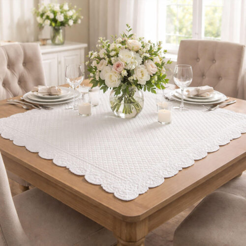 Centro de mesa de algodón acolchado blanco con borde decorativo perfilado