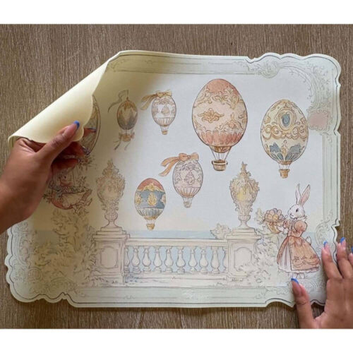 Tovaglietta pasquale in vinile con uova decorate e coniglietti stile rococò Blanc Mariclo