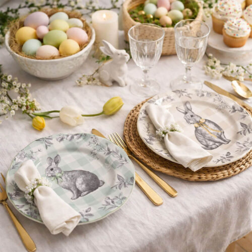 Piatto dessert Blanc Mariclo in ceramica con coniglietto, decoro vichy e bordo ondulato, stile shabby chic.