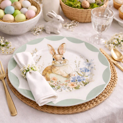 Piatto dessert Blanc Mariclo in ceramica con coniglietto, fiori primaverili e bordo verde salvia, stile shabby chic.