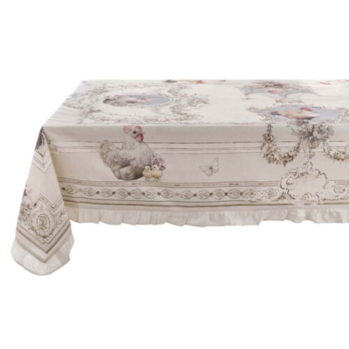 Nappe Blanc MariClò avec impression de poules, motifs décoratifs et volant périmétrique en coton léger.