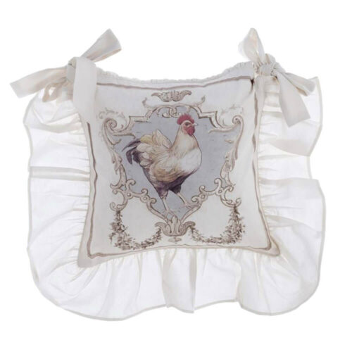 Copri cuscino Blanc Mariclò con stampa di gallo, cornice ornamentale e gala in cotone chiaro.