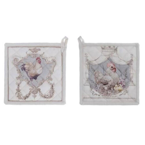 Presina Blanc Mariclò con stampa di galline, motivo trapuntato e bordino chiaro in stile shabby chic.