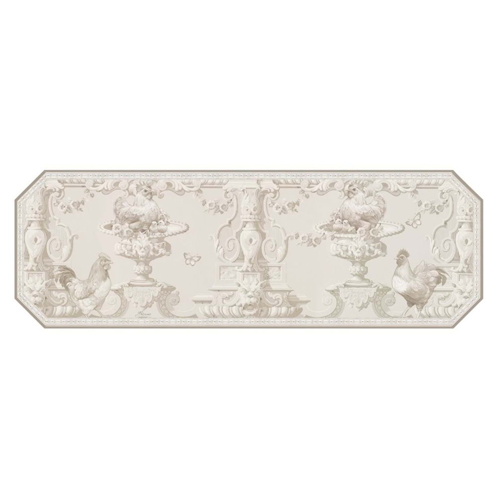 Tapis en vinyle Blanc MariClò avec impression de poulets, cadres classiques et teintes claires dans un style Country Chic.
