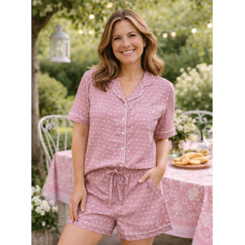 Blanc MariClò Traje de algodón rosa Indira Blossom con camisa de manga corta y pantalón corto de flores