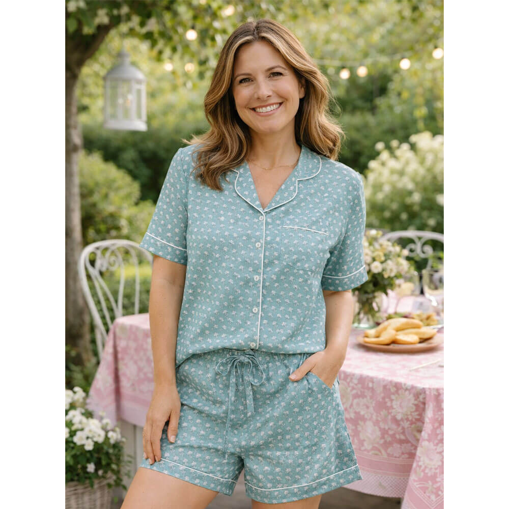 Completo Blanc Mariclò Indira Blossom in cotone verde con camicia a maniche corte e pantalone corto con fantasia floreale