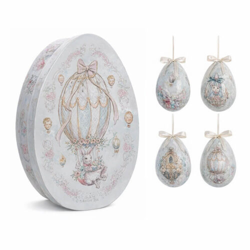 Set di uova pasquali decorative Blanc Mariclo Rococò con scatola regalo, decorate con coniglietti e motivi romantici pastello