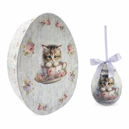 Set 8 uova pasquali Blanc Mariclo con gattino illustrato, fiori pastello e scatola regalo a forma di uovo.