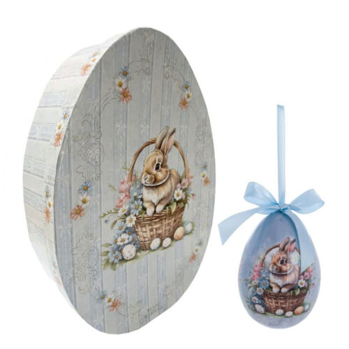 Set 8 uova pasquali Blanc Mariclo con coniglietto nel cestino, fiori pastello e fiocco azzurro, con scatola regalo a forma di uovo.