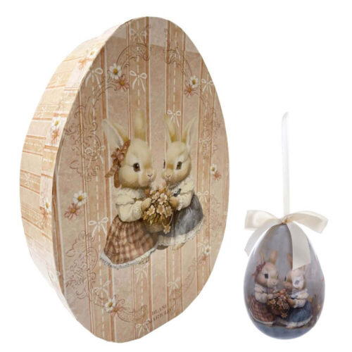 Set 8 uova pasquali Blanc Mariclo con coppia di coniglietti, fiocco avorio e scatola regalo a forma di uovo.