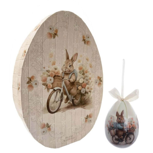 Set 8 uova pasquali Blanc Mariclo con coniglietto in bicicletta, fiori pastello e scatola regalo a forma di uovo.