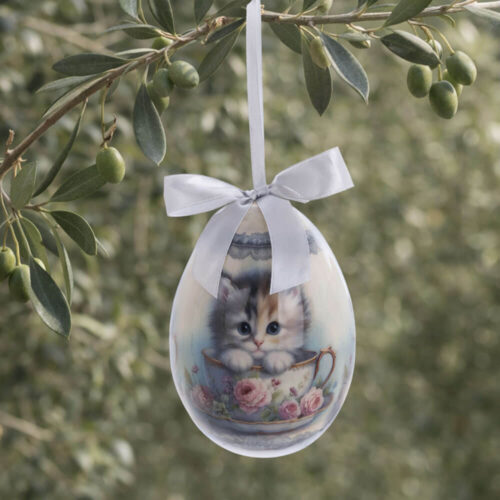 Uovo pasquale decorativo Blanc Mariclò con gattino illustrato, fiocco in raso e scatola regalo in stile shabby chic