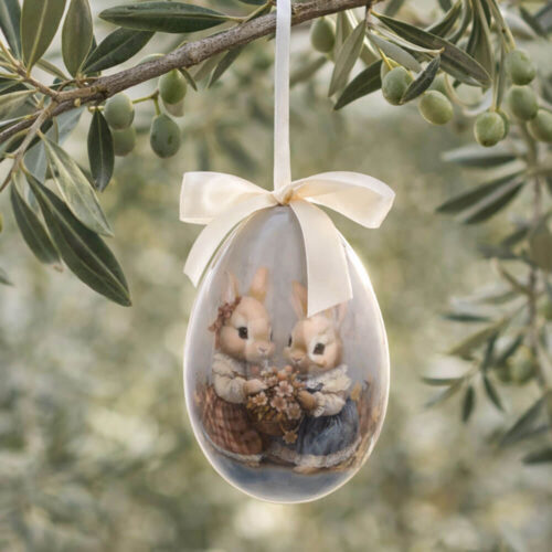 Uovo pasquale decorativo Blanc Mariclo con coniglietti, fiocco in raso e scena floreale in stile shabby chic.