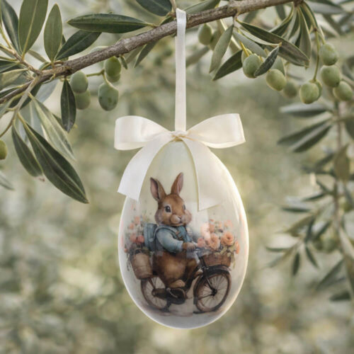 Uovo pasquale decorativo Blanc Mariclo con coniglietto in bicicletta, fiori pastello e fiocco in raso avorio.