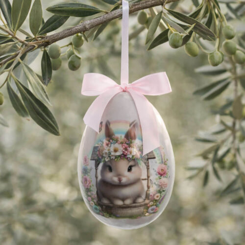Uovo pasquale decorativo Blanc Mariclo con coniglietto, fiori primaverili e fiocco in raso rosa.