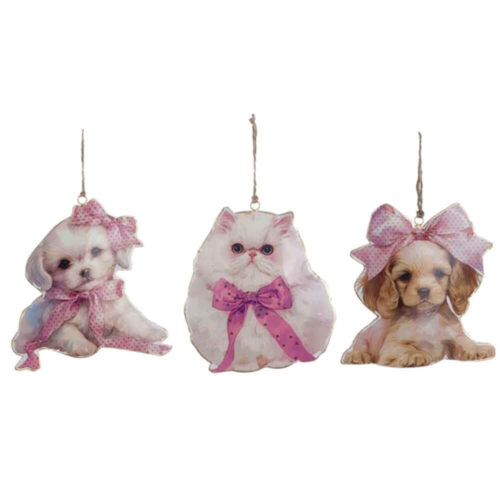 Decorazione da appendere Blanc Mariclò con cucciolo in metallo, fiocco rosa e stile romantico.