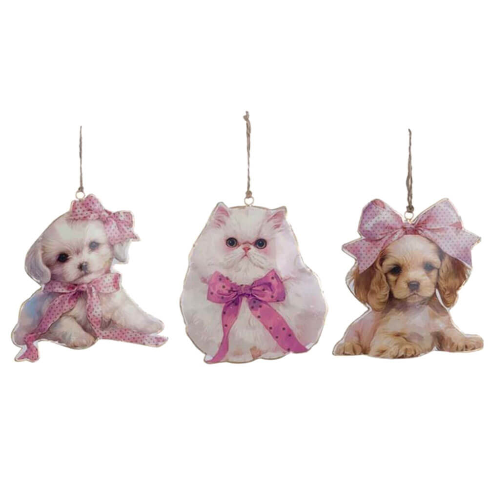 Décoration suspendue Blanc MariClò avec chiot en métal, nœud rose et style romantique.