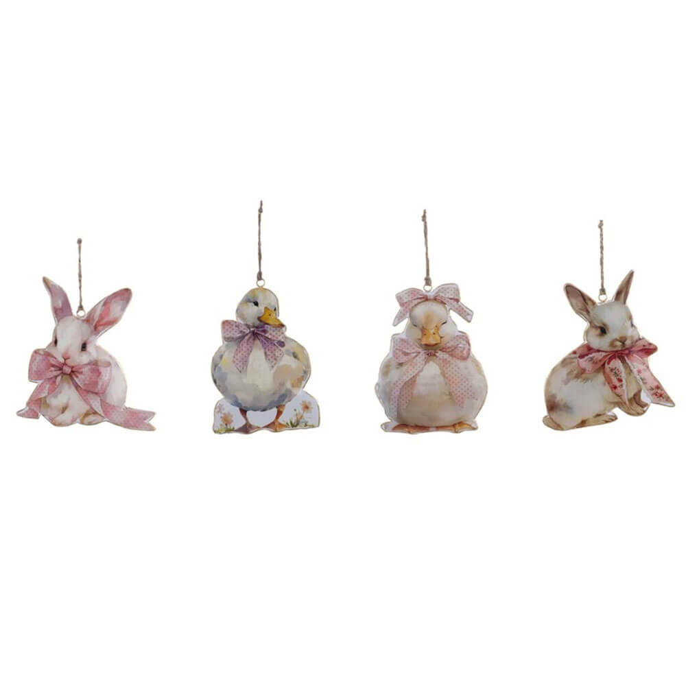 Décoration suspendue Blanc MariClò avec lapin ou caneton en métal, nœud rose et style Shabby Chic.